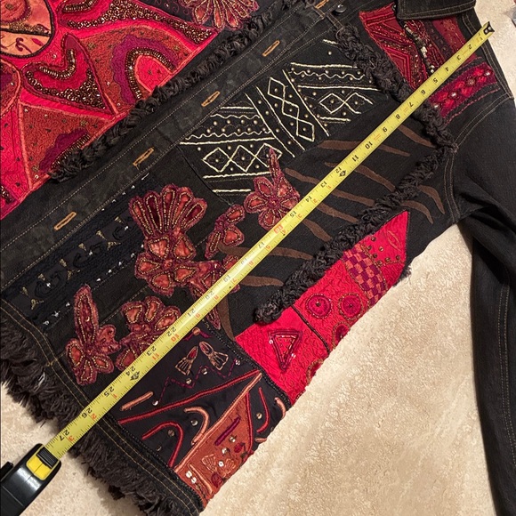 CHICO'S Embellished Denim Jacket, dark brown & red; embroidery, studs, beads. L - Picture 14 of 17